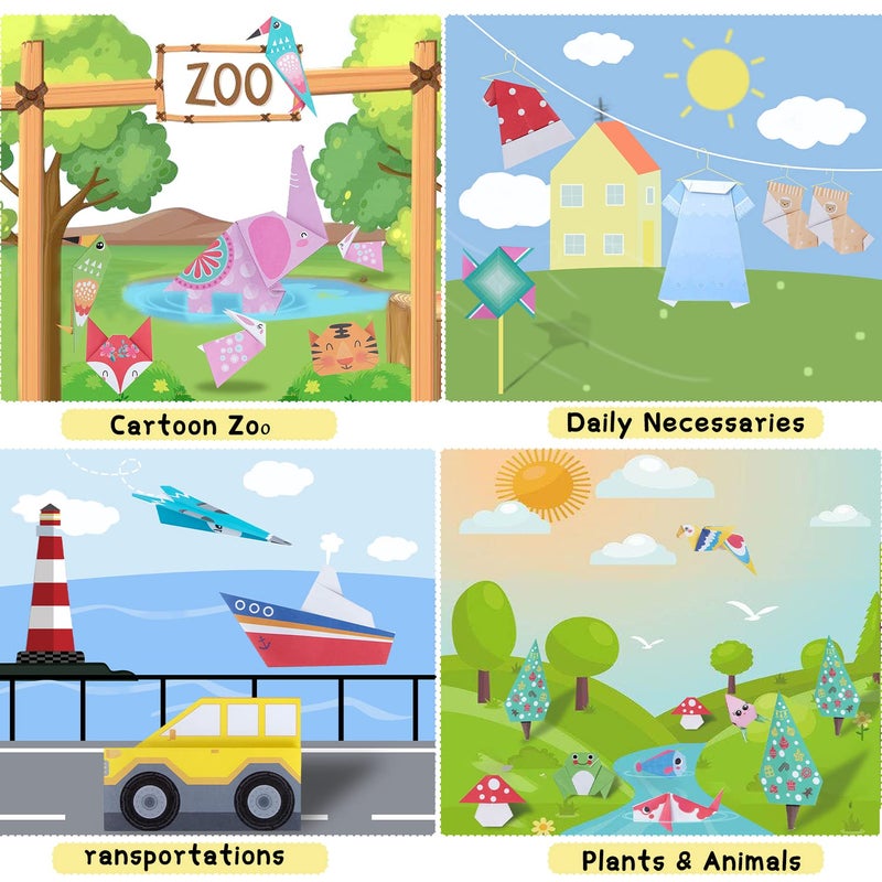 catnee Origami Paper for Kids Crafts, 350 PCS Origami Paper Kit, Vivid 200 Cartoon Origami Objects+100 Solid Color Papers+50 Traditional Japanese Patterns with Instructions, Origami for Kids Adults Beginners - Image 5